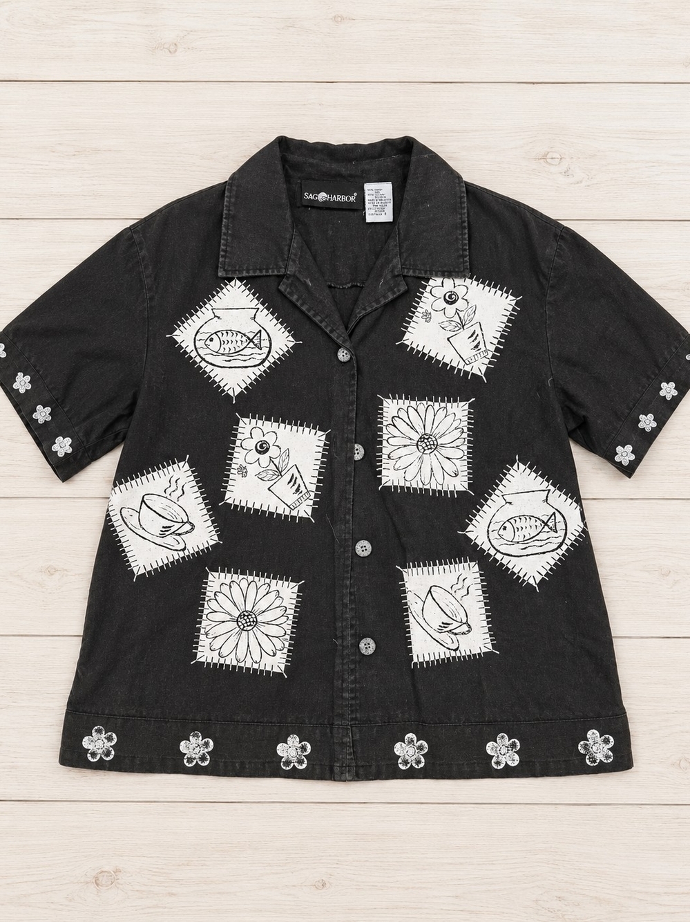 Vintage Funky Sag Harbor Black Short-Sleeve Patchwork Panel Button-Up Shirt